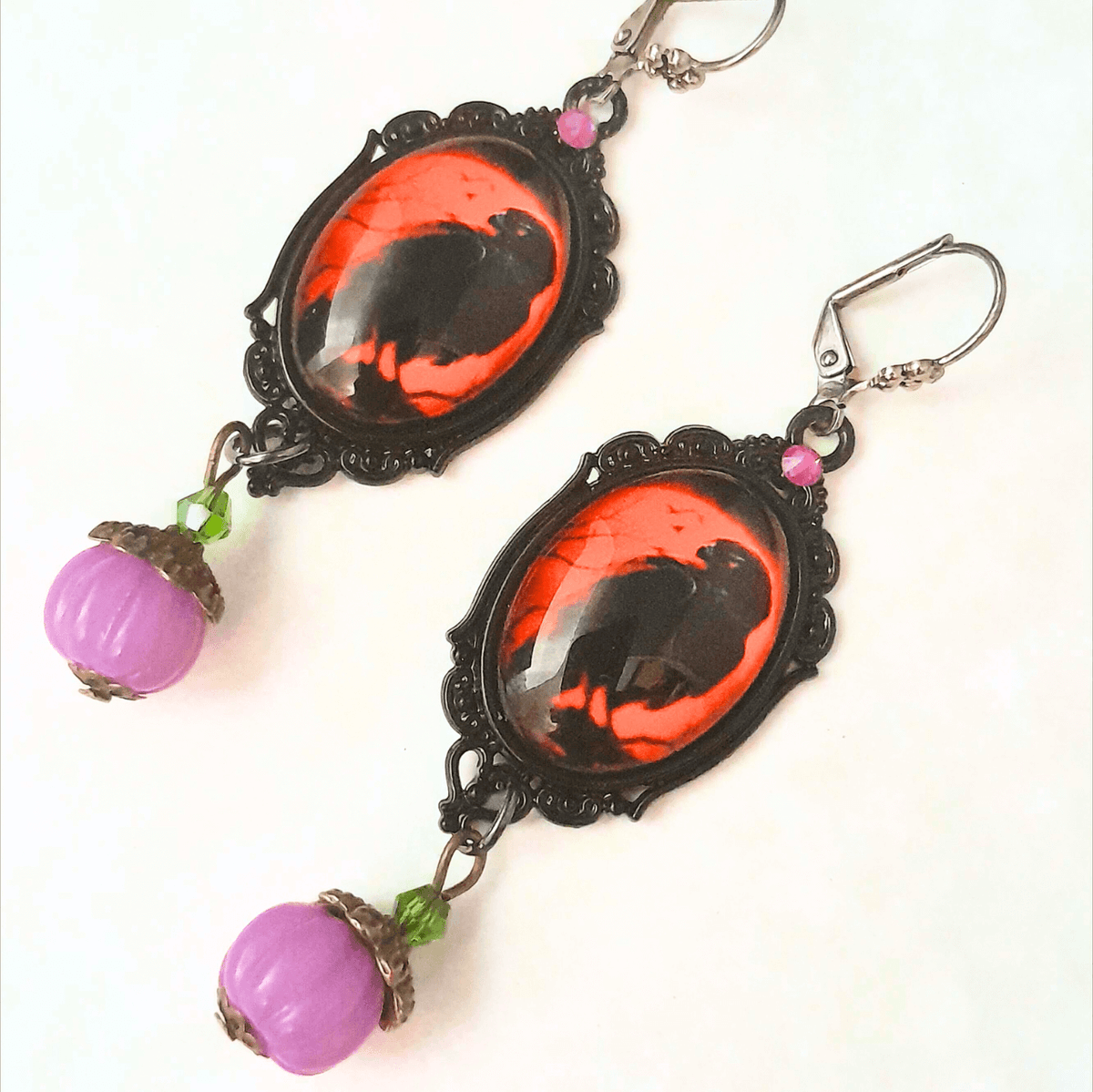 Crow Cabochon Earrings Red & Purple