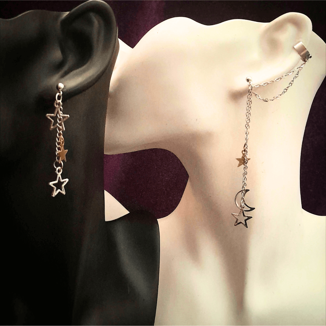 Moon & Stars Chain Cuff Earrings