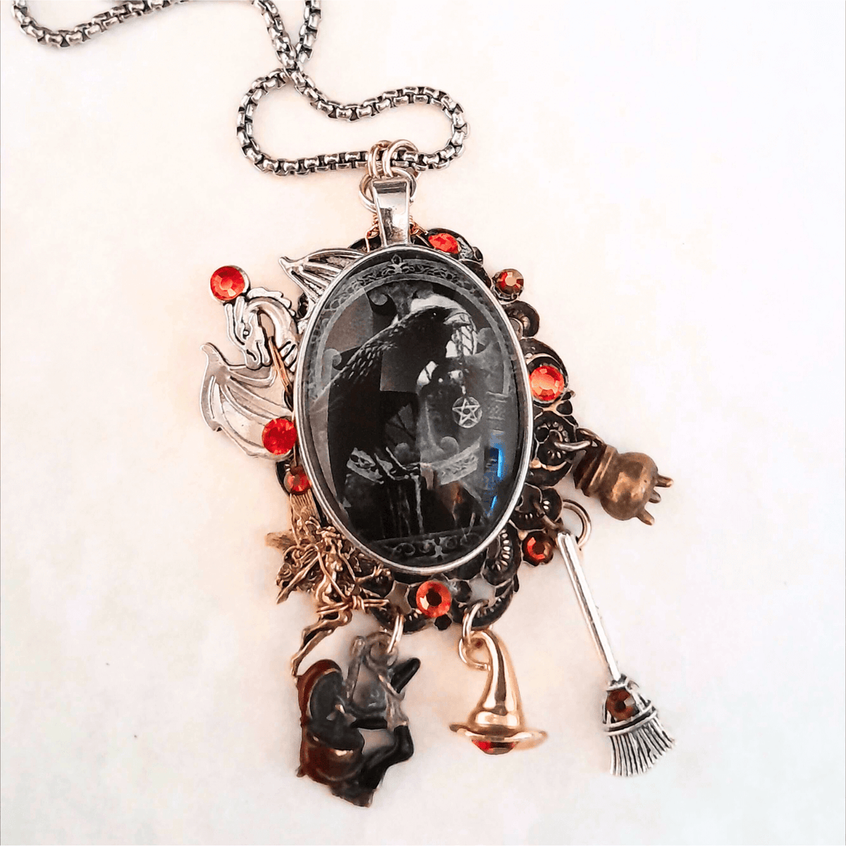 Raven Witchy Dragon Cabochon Necklace