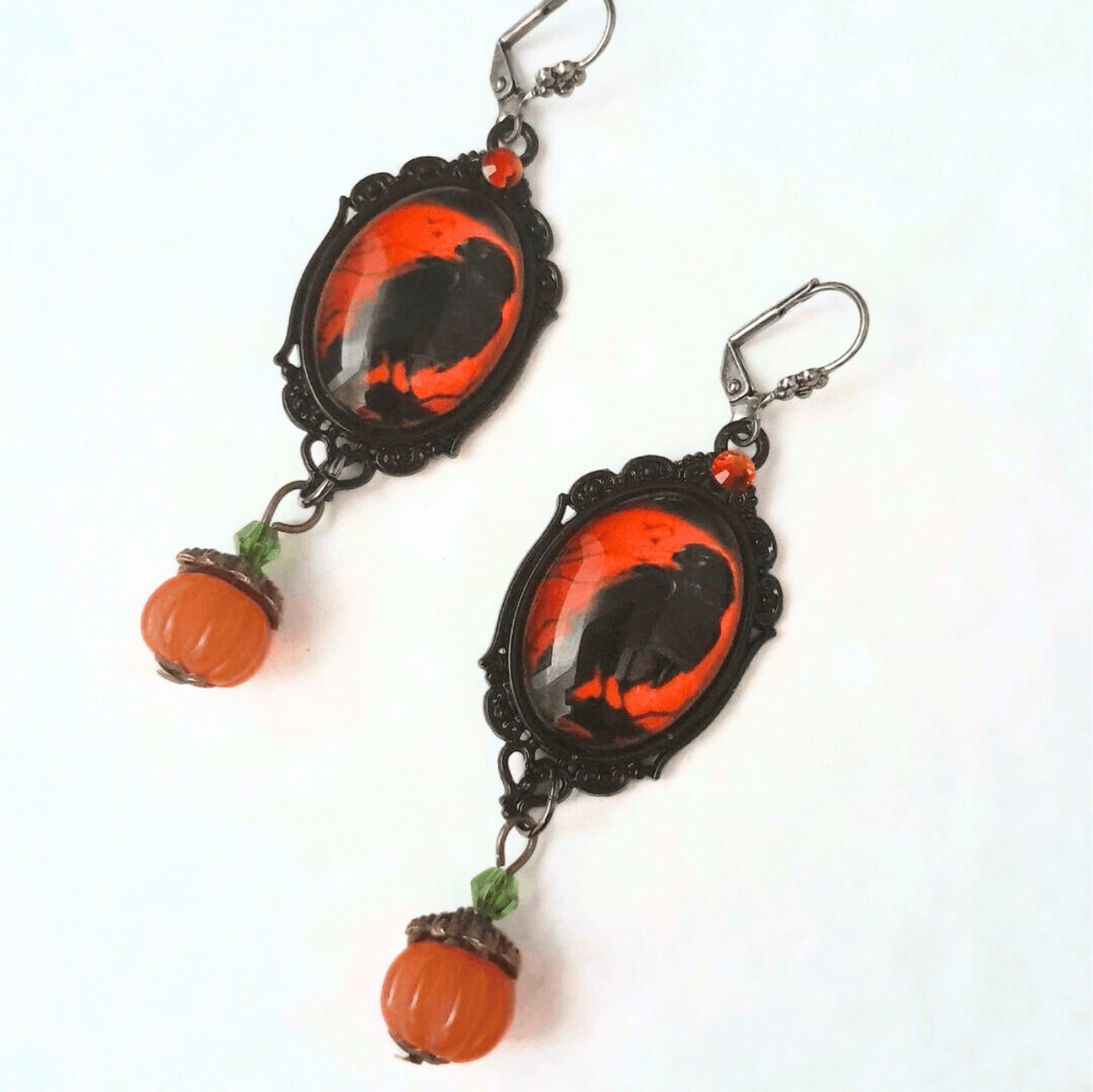 Red Cabochon Crow & Pumpkin Earrings