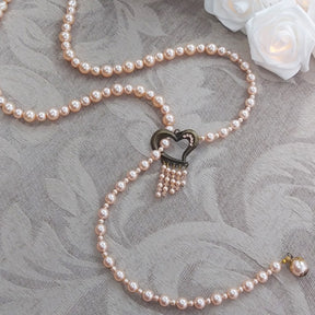 Long Pearl Lariat Heart Necklace