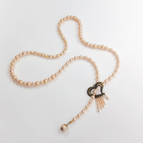 Long Pearl Lariat Heart Necklace