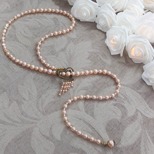 Long Pearl Lariat Heart Necklace