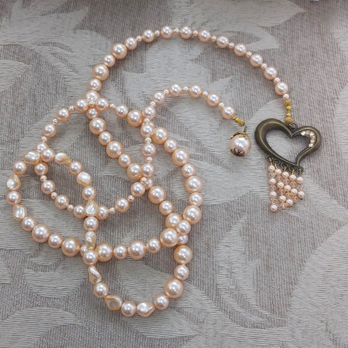 Long Pearl Lariat Heart Necklace