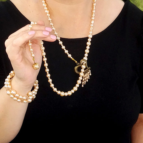 Long Pearl Lariat Heart Necklace