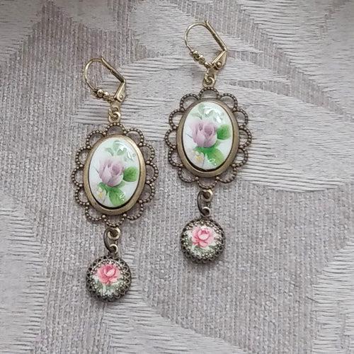 Flower Cameo Dangle Earrings