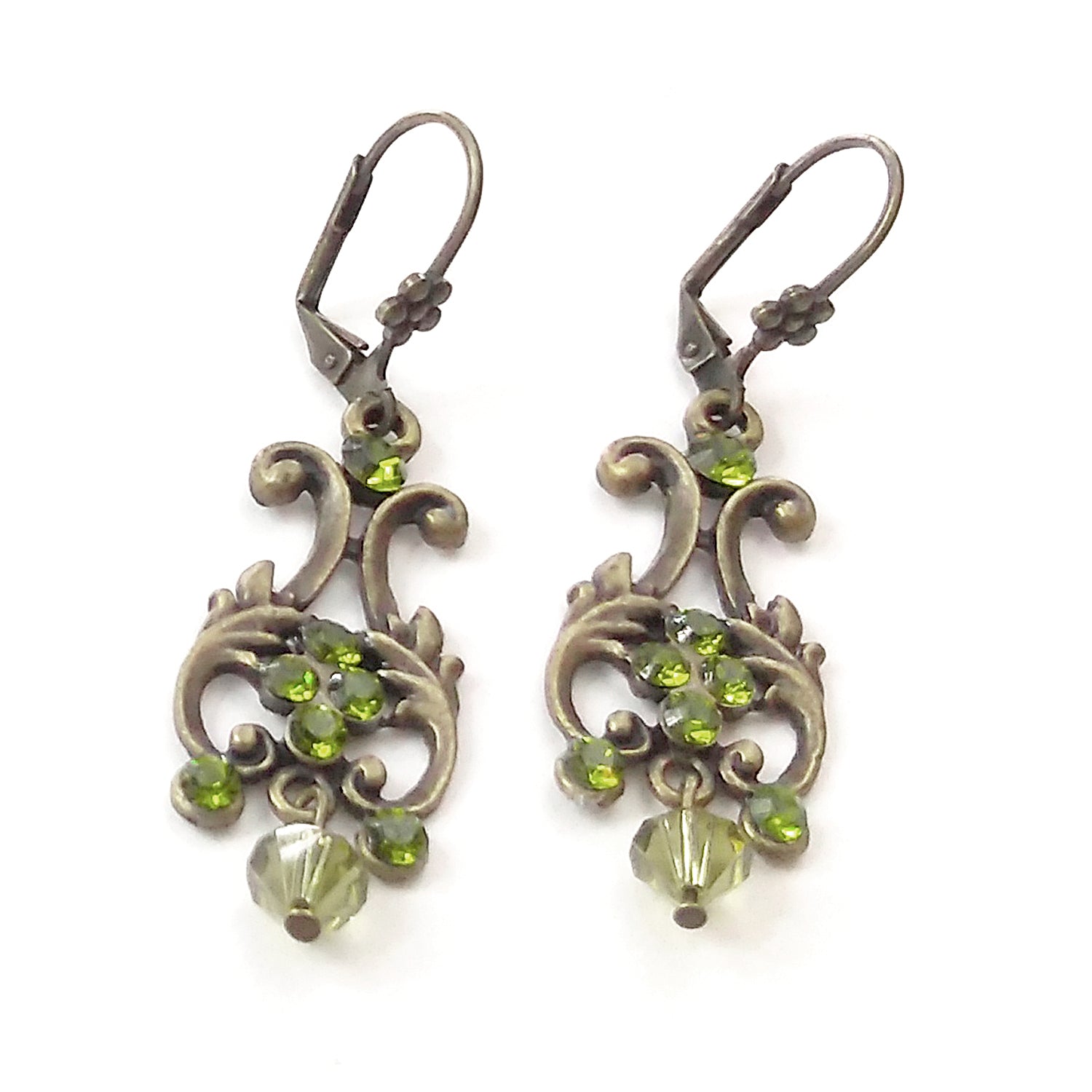 green earring swarovski crystals antiqued brass